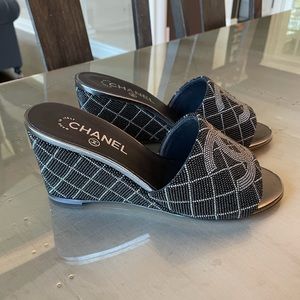 Chanel beaded mules sandals wedge black logo open toe quilted sandal 38.5
